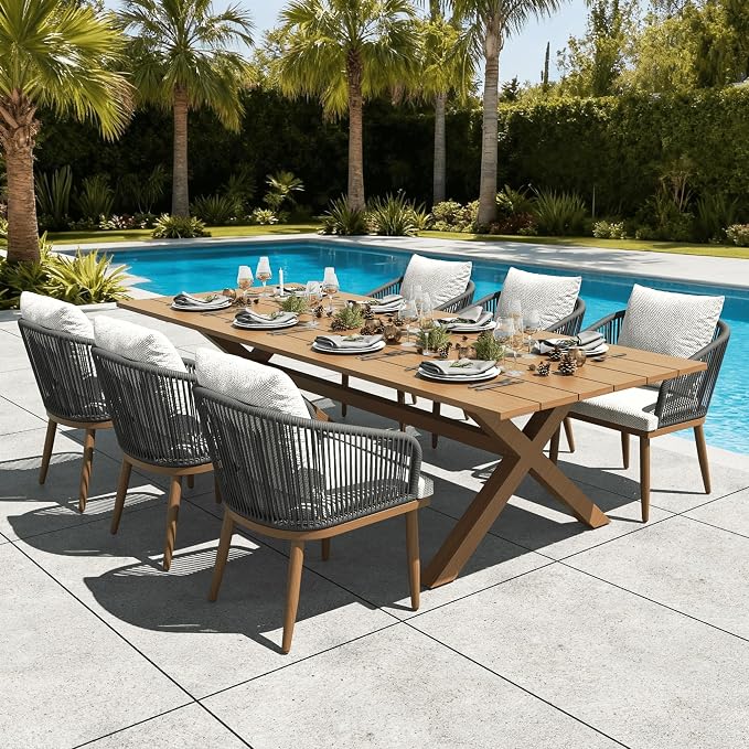 LayinSun 7 Pieces Outdoor Patio Dining Set, Aluminium Rectangular Dining Table and Wicker Rattan Chairs Set for Outside Backyard, Poolside