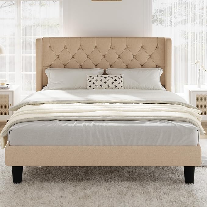 Allewie Queen Size Bed Frame with Button Tufted Wingback Headboard, Modern Upholstered Bed Frame with Solid Wooden Slats Support - No Box Spring Needed, Easy Assembly, Beige