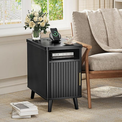 Huuger Narrow End Table with Charging Station, USB-C Port, Fluted Nightstand with Storage Cabinet, Back Rack, Farmhouse Side Table for Small Spaces, 13.4 × 23.6 Inch Night Stand, Black