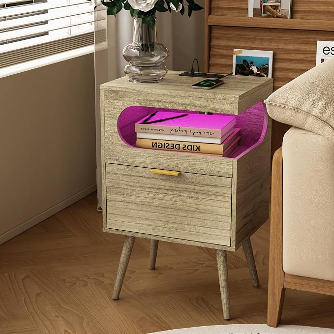 Veegle Nightstand,Modern Bedside Table with Storage Drawer and Open Wood Shelf, Accent Night Stand with Solid Wood Legs for Living Room, Bedroom and Small Spaces,Easy Assembly (Grey Oak-1)