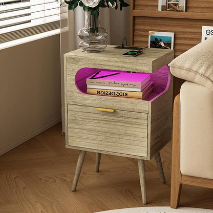 Veegle Nightstand,Modern Bedside Table with Storage Drawer and Open Wood Shelf, Accent Night Stand with Solid Wood Legs for Living Room, Bedroom and Small Spaces,Easy Assembly (Grey Oak-1)