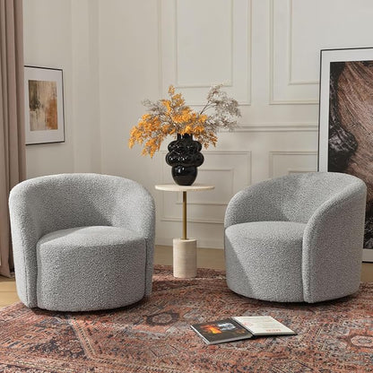 KINWELL 34" W Swivel Barrel Chair Set of 2, Mid Century Modern Round Upholstered Boucle Swivel Accent Chairs, No Assembly Sofa Chair for Living Room Bedroom Reading, Black White