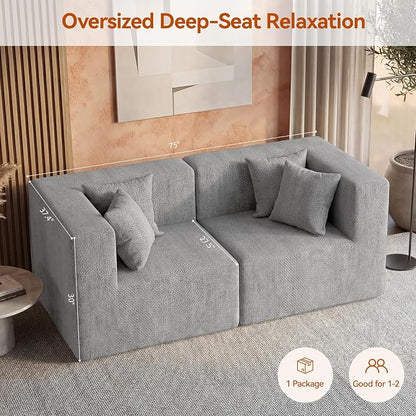 MONVANE 75" Loveseat Sofa, Comfy Chenille Modular Sectional Sofa with 4 Pillows, Modern Deep Seat Boneless Couch, 2 Seater Sofa for Living Room, Bedroom and Apartment, Light Grey