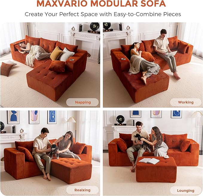 MAXYOYO Modular Sectional Sofa Couch, L Shaped Modern Cloud Couch with 1 Ottoman, Sofa in A Box, Tufted 4-Seat Boneless Chair for Living Room, No Assembly Required, Orange