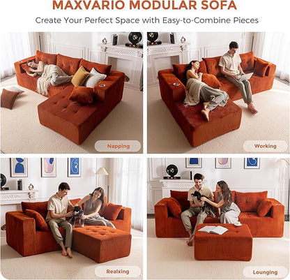 MAXYOYO Modular Sectional Sofa Couch, L Shaped Modern Cloud Couch with 1 Ottoman, Sofa in A Box, Tufted 4-Seat Boneless Chair for Living Room, No Assembly Required, Orange