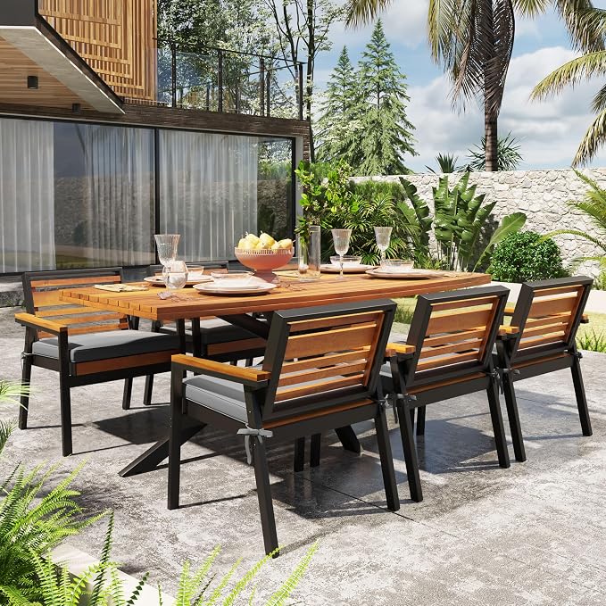 Quarte Stylish 7-Piece Acacia Wood and Iron Dining Set with Removable Cushions – Perfect for Indoor and Outdoor Family Gatherings (Gray/m+w)