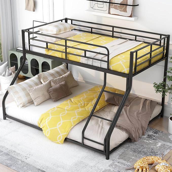EMKK Low Metal Bunk Beds Twin Over Full Size, Heavy Duty Bunk Bed for Teens Adults with Ladder & High Guardrails, Space Saving Metal Bunk Bed for Dorm, Bedroom, Apartment, No Box Spring Needed
