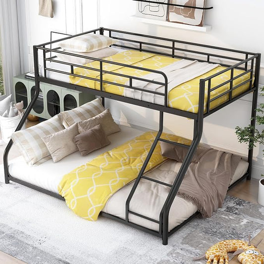 EMKK Low Metal Bunk Beds Twin Over Full Size, Heavy Duty Bunk Bed for Teens Adults with Ladder & High Guardrails, Space Saving Metal Bunk Bed for Dorm, Bedroom, Apartment, No Box Spring Needed