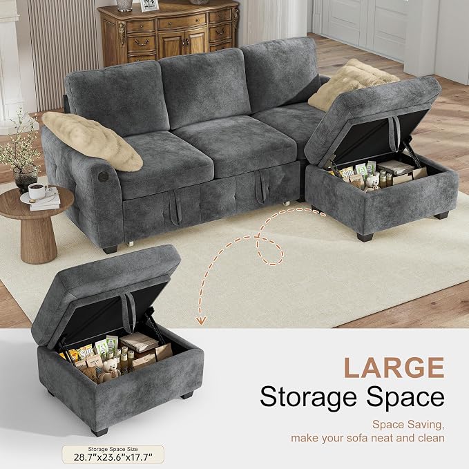 Hanherry 81" Sectional Couch with Pull Out Sofa Bed,Chenille Sleeper Sofa with Storage Ottoman & USB Charging,Comfy L Shaped Modular Couches for Living Room,Apartment