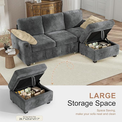 Hanherry 81" Sectional Couch with Pull Out Sofa Bed,Chenille Sleeper Sofa with Storage Ottoman & USB Charging,Comfy L Shaped Modular Couches for Living Room,Apartment