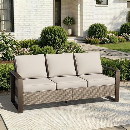 Joyside Outdoor Patio Wicker Sofa, 3-Seater Rattan Sofa with Thick Olefin Cushions and Metal Steel Rectangular Framed Armrest -Looking Metal Armrest Suitable for Garden, Backyard, Porch, Deck, Beige