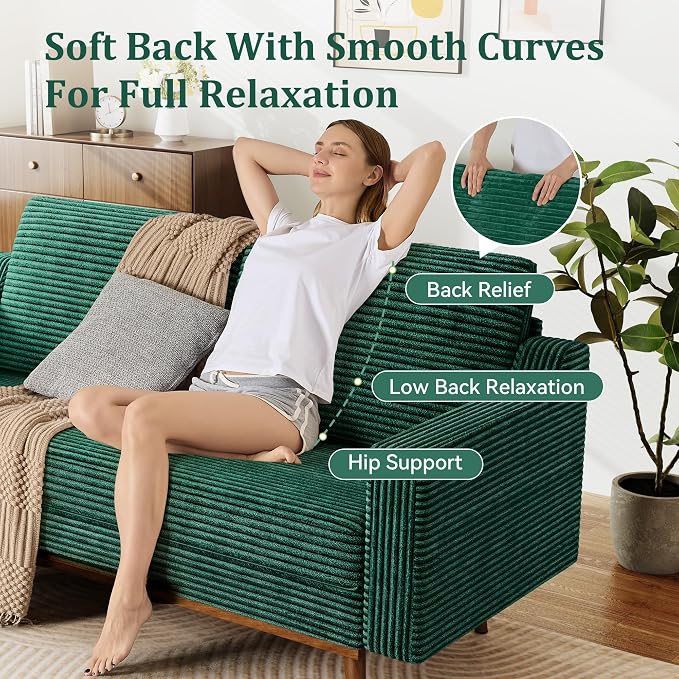 65" Loveseat Sofa, Comfy Green Corduroy Couches for Living Room, Mid Century Modern Love Seat Sofa, Tool-Free Setup Small Couches for Bedroom Office