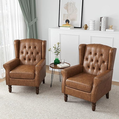High Back Accent Chair, Faux Leather High Wingback Chair for Living Room, Button-Tufted Upholstered Armchair with Solid Wood Legs, Comfy Single Sofa Reading Chair for Bedroom, Brown