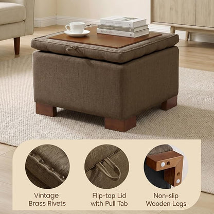 24 Inch Square Storage Ottoman Coffee Table, Modern Tufted Upholstered Ottoman with Flip Tray and Solid Wood Legs, Suitable for Living Rooms, Linen Brown