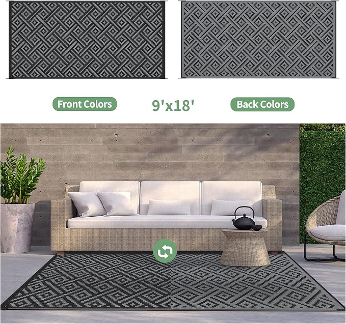 GENIMO Outdoor Rug for Patio Clearance,9'x18' Waterproof Mat,Reversible Plastic Camping Rugs,Rv,Porch,Deck,Camper,Balcony,Backyard,Black & Gray