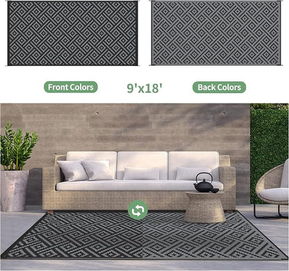 GENIMO Outdoor Rug for Patio Clearance,9'x18' Waterproof Mat,Reversible Plastic Camping Rugs,Rv,Porch,Deck,Camper,Balcony,Backyard,Black & Gray