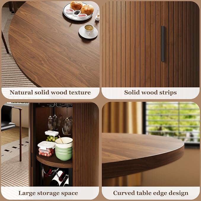 Dining Table for 4, 31“ Round Dining Room Kitchen Table with 2-Tier Storage Shelf & Wine Rack, Fluted Wood Table with Slide Door, Wood Oval Dinner Furniture(Walnut-Non Extensible, 31 Inch)