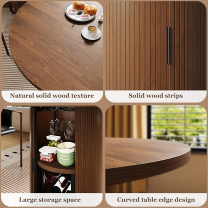 Dining Table for 4, 31“ Round Dining Room Kitchen Table with 2-Tier Storage Shelf & Wine Rack, Fluted Wood Table with Slide Door, Wood Oval Dinner Furniture(Walnut-Non Extensible, 31 Inch)