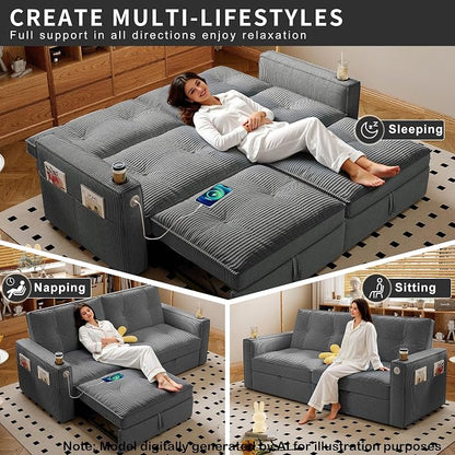 73.2'' Futon Sofa Bed Full Size, Pre-Assembled Pull Out Couch, Adjustable Backrest, Corduroy Convertible Sleeper Sofa, 2 Cup Holders, USB, Pockets, Loveseat for Living Room, Apartment, Grey | Soft Material