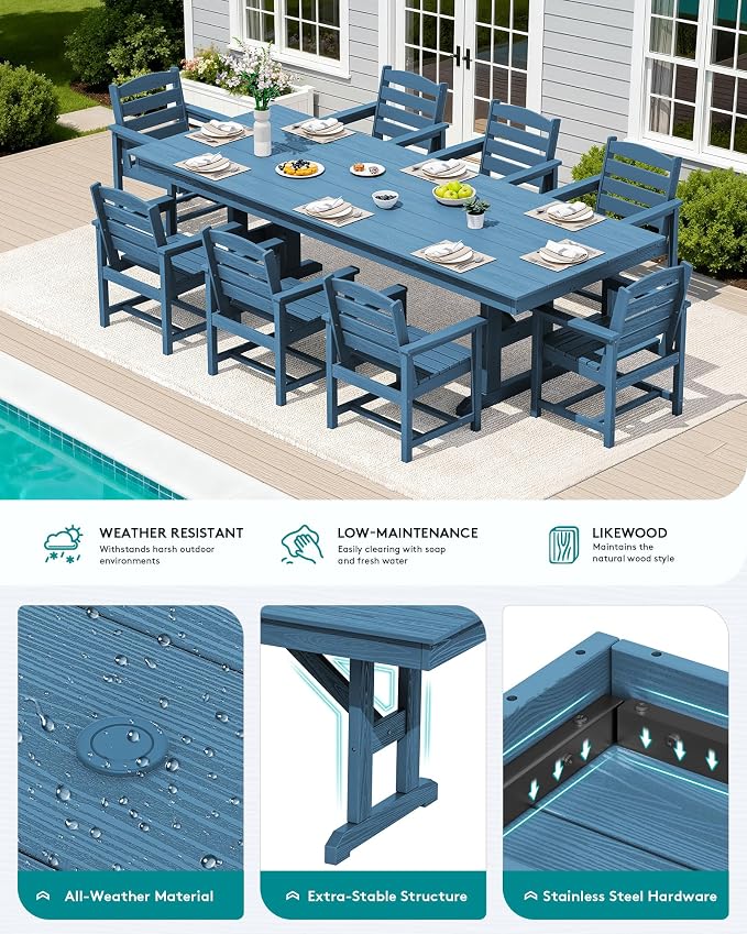 SERWALL 9 Piece 84" HDPE Outdoor Dining Set for 8 with Armchairs and Umbrella Hole, Blue