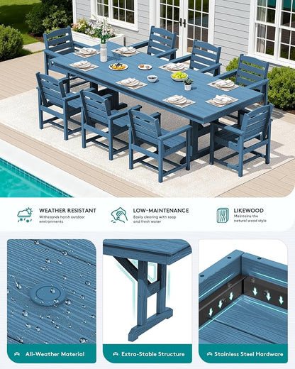 SERWALL 9 Piece 84" HDPE Outdoor Dining Set for 8 with Armchairs and Umbrella Hole, Blue