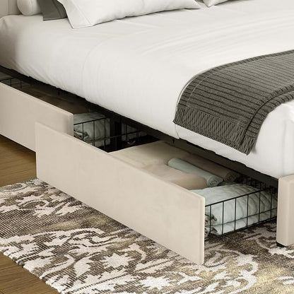 VECELO Queen Size Upholstered Bed Frame with 4 Drawers and Headboard, Velvet Platform Storage Bedframe, Wooden Slats Support, No Box Spring Needed, Beige