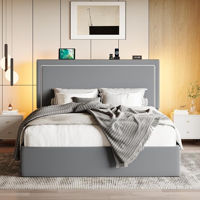SHA CERLIN Full Size Hydraulic Lift-Up Storage Platform Bed Frame with Charging Station, RGB LED Lights, Adjustable Velvet Headboard, USB-A and USB-C Ports, No Box Spring Needed, Grey