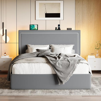 SHA CERLIN Full Size Hydraulic Lift-Up Storage Platform Bed Frame with Charging Station, RGB LED Lights, Adjustable Velvet Headboard, USB-A and USB-C Ports, No Box Spring Needed, Grey