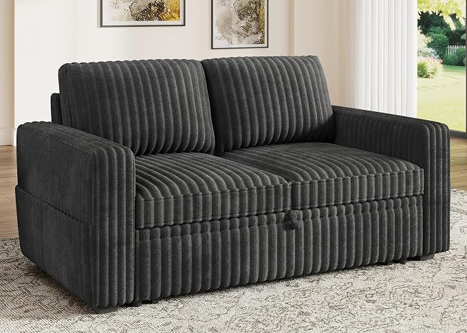 HONBAY Modular Pull Out Sofa Bed,Corduroy Loveseat, Couches for Living Room,Dark Grey