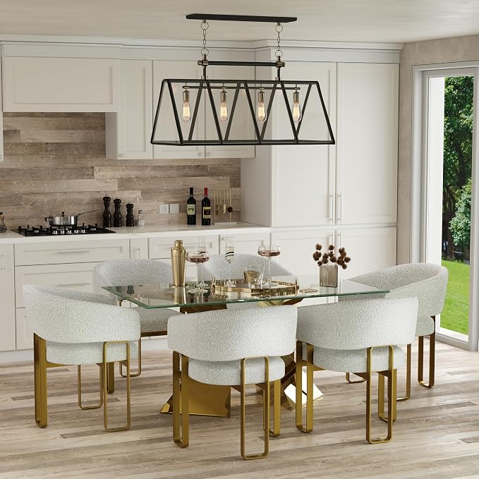 Dining Chairs Set of 6, Off White Boucle Upholstered Kitchen & Dining Room Chairs with Armrest, U-Shaped Brushed Gold Metal Legs