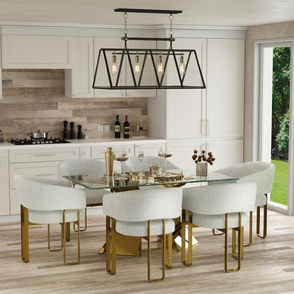 Dining Chairs Set of 6, Off White Boucle Upholstered Kitchen & Dining Room Chairs with Armrest, U-Shaped Brushed Gold Metal Legs