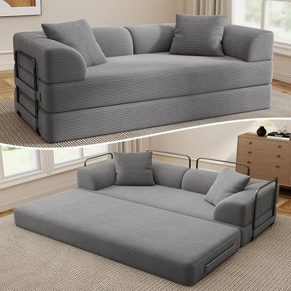 Cloud Boneless Couch Futon Sofa Bed, 5-in-1 Convertible Sofa Bed Pull Out Couch Sleeper Sofa Compressed Loveseat, 70" High-Density Sponge & Corduroy Fabric Futon Daybed for Living Room Bedroom (Gray) | 5-in-1 Convertible