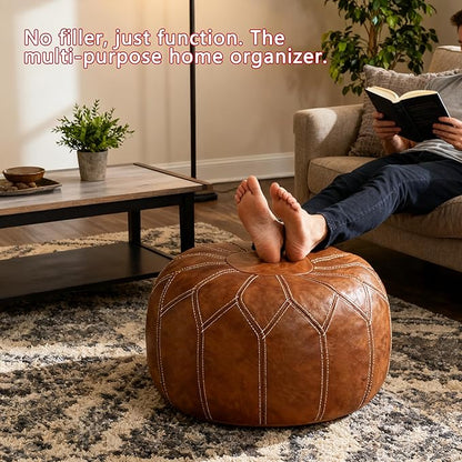 Thgonwid Unstuffed Moroccan Faux Leather Pouf Ottoman Cover with Storage - Boho Chic Multi-Use Footrest for Living Room, Bedroom, Patio - Round Ethnic Floor Cushion & Decorative Accent, Brown