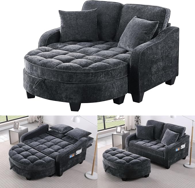 ERYE Chenille Tufted Loveseat Sofa and Ottoman Set, Tufted Recliner Sleeper Chaise Lounge with Curved Storage Ottoman,Reclining Backrest and Side Pockets, 4 Pillows