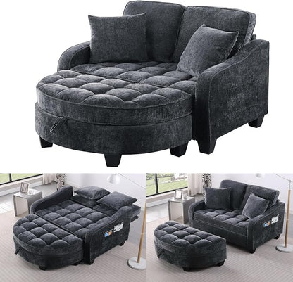 ERYE Chenille Tufted Loveseat Sofa and Ottoman Set, Tufted Recliner Sleeper Chaise Lounge with Curved Storage Ottoman,Reclining Backrest and Side Pockets, 4 Pillows