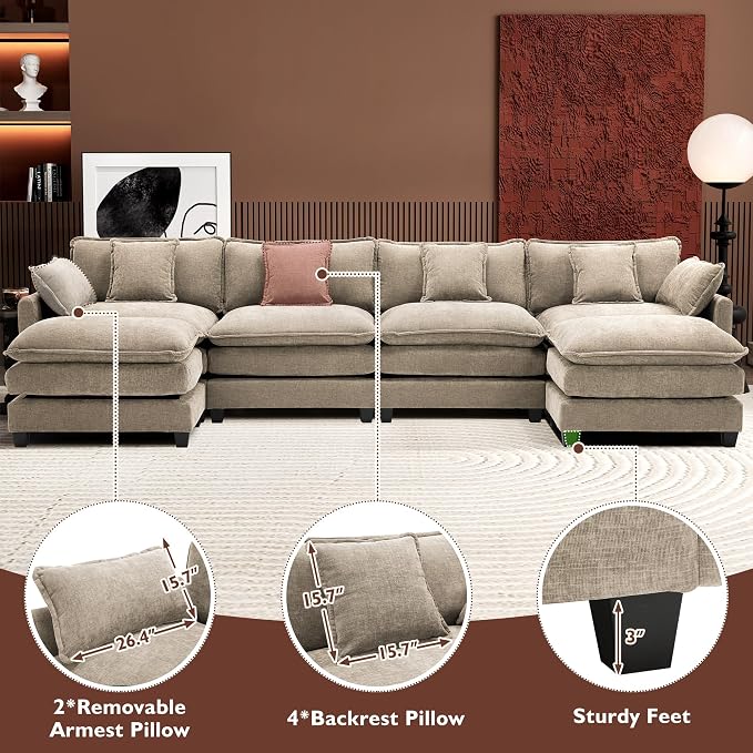 Ihanherry 146" U-Shaped Modern Sofa Modular Sectional Luxurious and Comfortable with 2 Ottoman, 6-Seat Chenille Deep Seat Sofa with 6 Pillows for Living Room, Bedroom and Apartment, Sand