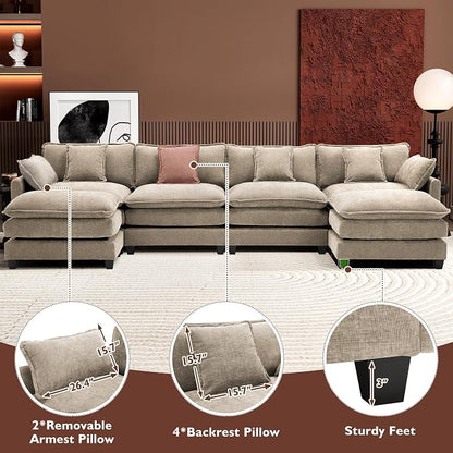 Ihanherry 146" U-Shaped Modern Sofa Modular Sectional Luxurious and Comfortable with 2 Ottoman, 6-Seat Chenille Deep Seat Sofa with 6 Pillows for Living Room, Bedroom and Apartment, Sand