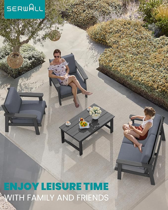 SERWALL HDPE Outdoor Furniture Set, 7 Piece All Weather Wood-Like Outdoor Sofa Sectional Couch, Grey Patio Furniture Set with Grey Cushions