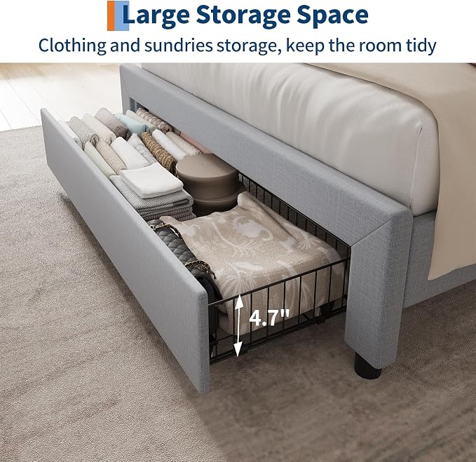 GarveeHome Twin Size Bed Frame with Storage Headboard and Charging Station, Upholstered Platform Bed Frame with Drawers, Heavy Duty, No Box Spring Needed, Easy Assembly, Grey