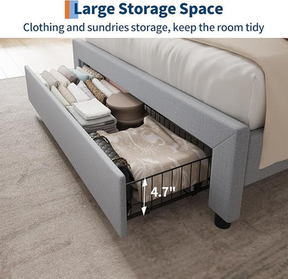GarveeHome Twin Size Bed Frame with Storage Headboard and Charging Station, Upholstered Platform Bed Frame with Drawers, Heavy Duty, No Box Spring Needed, Easy Assembly, Grey