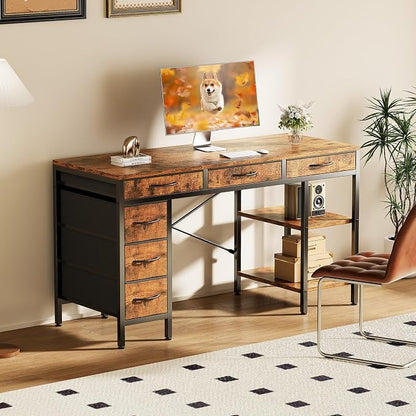 Sweetcrispy 55" Computer Desk with 6 Drawers, Home Office Gaming Desks with Storage Shelves for Bedroom, Writing Study Corner Living Room Work Table, Brown