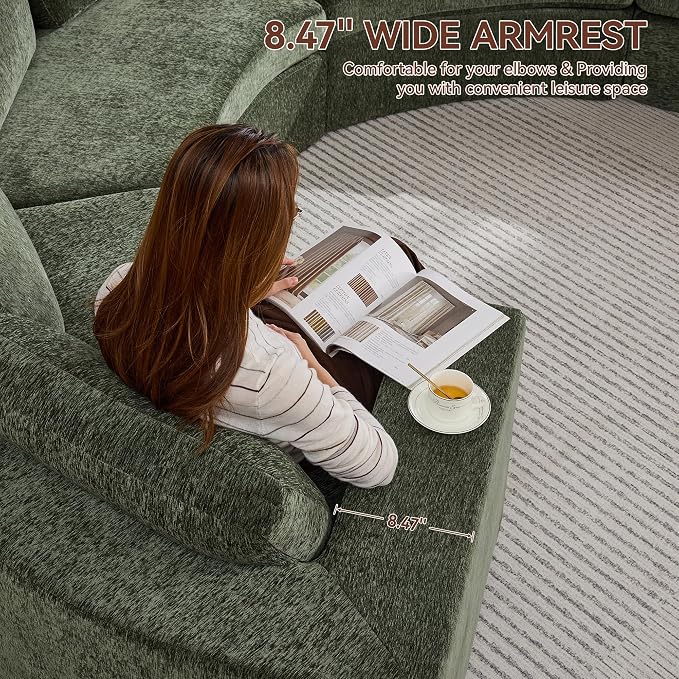 WUTUTUEE Curved Round Boneless Sofa, Oversized Modular Sectional Sofa with Deep Seat, Chenille Memory Foam Sofa with Pillows, Upholstered Comfy 2 Middle Seat Couch for Living Room, Green