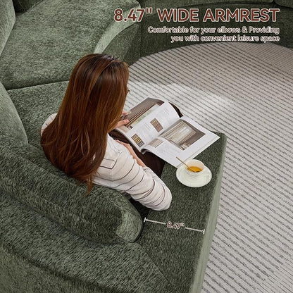 WUTUTUEE Curved Round Boneless Sofa, Oversized Modular Sectional Sofa with Deep Seat, Chenille Memory Foam Sofa with Pillows, Upholstered Comfy 2 Middle Seat Couch for Living Room, Green