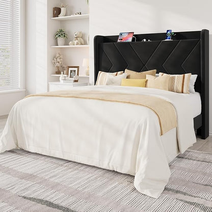 Allewie Full Size Platform Bed Frame with Charging Station and Storage Shelf/Upholstered Velvet Wingback Headboard/Wooden Slats Support/No Box Spring Needed/Easy Assembly, Black