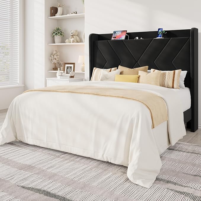Allewie Queen Size Platform Bed Frame with Charging Station and Storage Shelf/Upholstered Velvet Wingback Headboard/Wooden Slats Support/No Box Spring Needed/Easy Assembly, Black