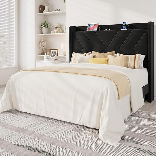 Allewie Queen Size Platform Bed Frame with Charging Station and Storage Shelf/Upholstered Velvet Wingback Headboard/Wooden Slats Support/No Box Spring Needed/Easy Assembly, Black