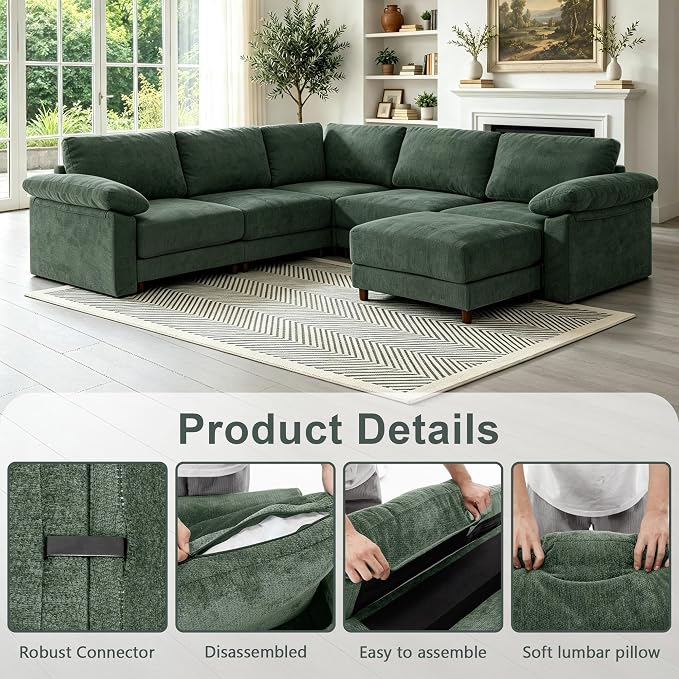 Oversized L Shaped Sectional Couch for Living Room, Extra Large Deep Seat Modular Sectional Sofa with Washable Covers, Modern Cloud Couch for Apartment, Bedroom (Green, Corner V Shape 6 Seat)