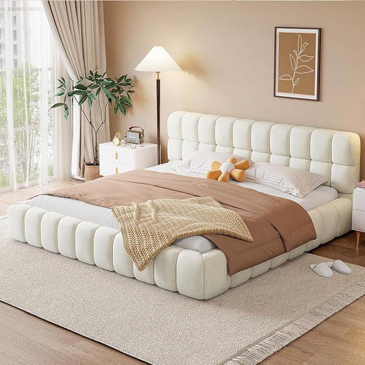 King Size Upholstered Platform Bed with Thick Fabric,Low Wood Grounded Bed W/Headboard & Footboard,Slat Support,No Box Spring Needed, Easy Assemble,Beige