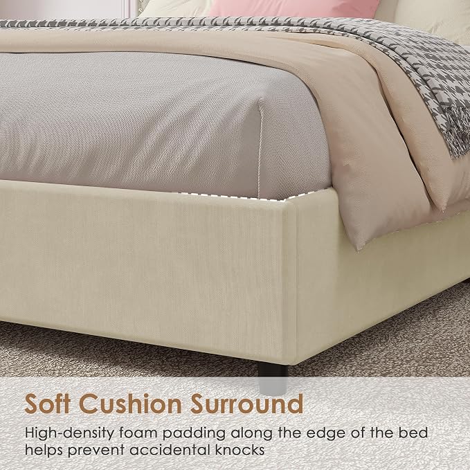 VECELO Queen Size Upholstered Bed Frame with 4 Storage Drawers, Adjustable Velvet Rivet Decor Headboard, Wooden Slats Platform Support, No Box Spring Needed, Easy Assembly,Beige