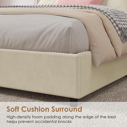 VECELO Full Size Upholstered Bed Frame with 4 Storage Drawers, Adjustable Velvet Rivet Decor Headboard, Wooden Slats Platform Support, No Box Spring Needed, Easy Assembly,Beige